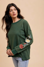 Annie Wear Embroidered Long Sleeve French Terry Top