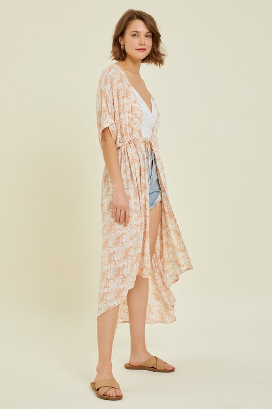 Tropical Print Gauze Kimono with Elastic Waist Tie in MilkTea