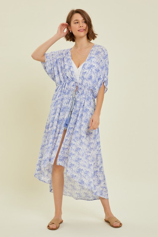 Tropical Print Gauze Kimono with Elastic Waist Tie in Periwinkle