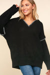 Notched Neck Long Sleeve Hooded Pullover