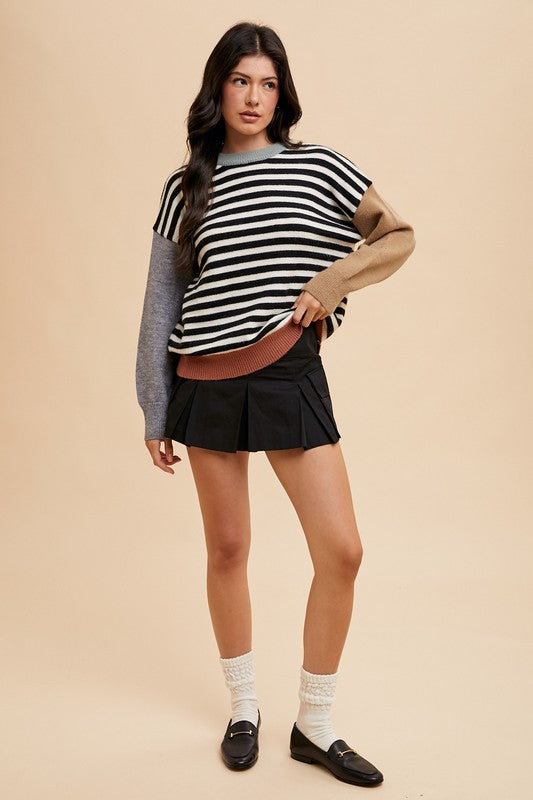 Annie Wear Striped Color Block Round Neck Sweater