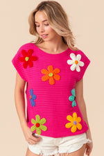 BiBi Flower Round Neck Cap Sleeve Knit Top