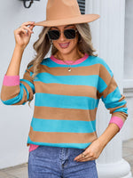 Angel Wings Striped Round Neck Dropped Shoulder Sweater