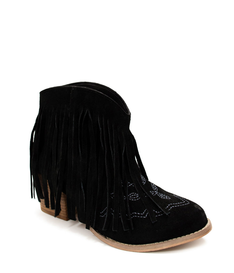 Amos Fringe Ankle Bootie in Black Suede