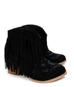 Amos Fringe Ankle Bootie in Black Suede