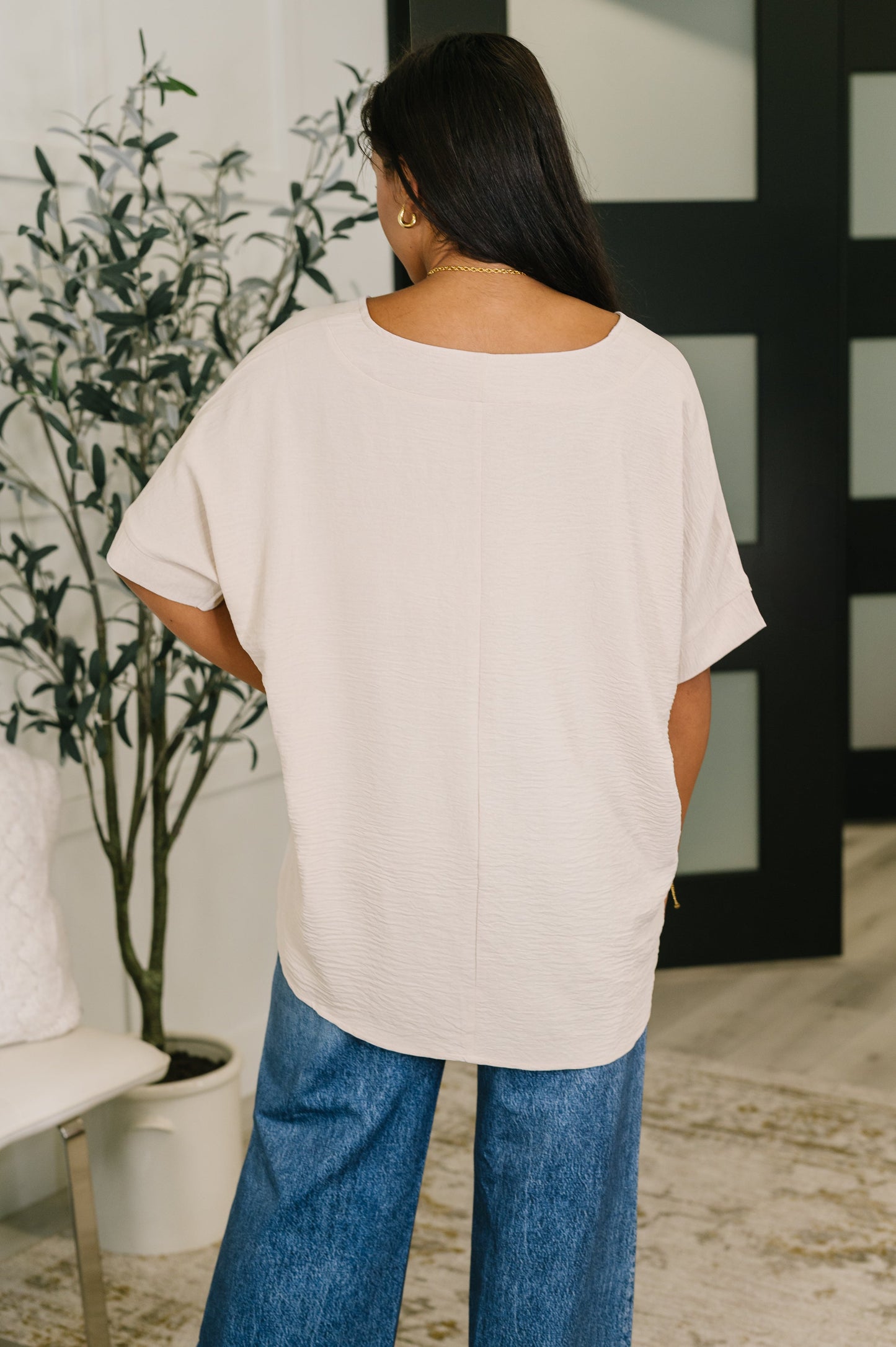 Counter Part Crinkle Woven V-Neck Top in Sand Beige