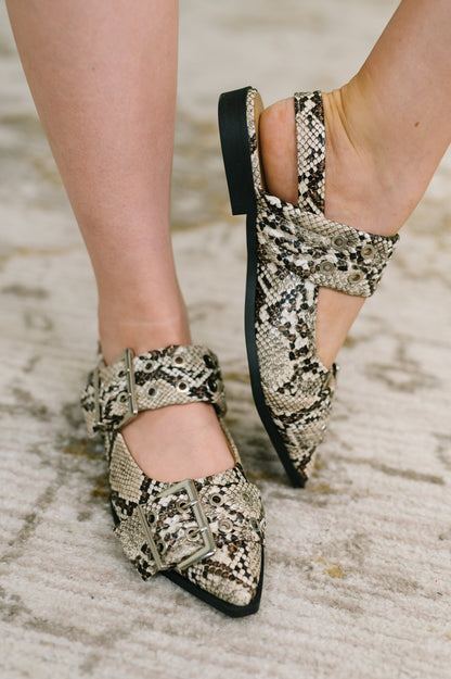 Crazy Train Buckle Pointy Toe Flats in Snakeskin