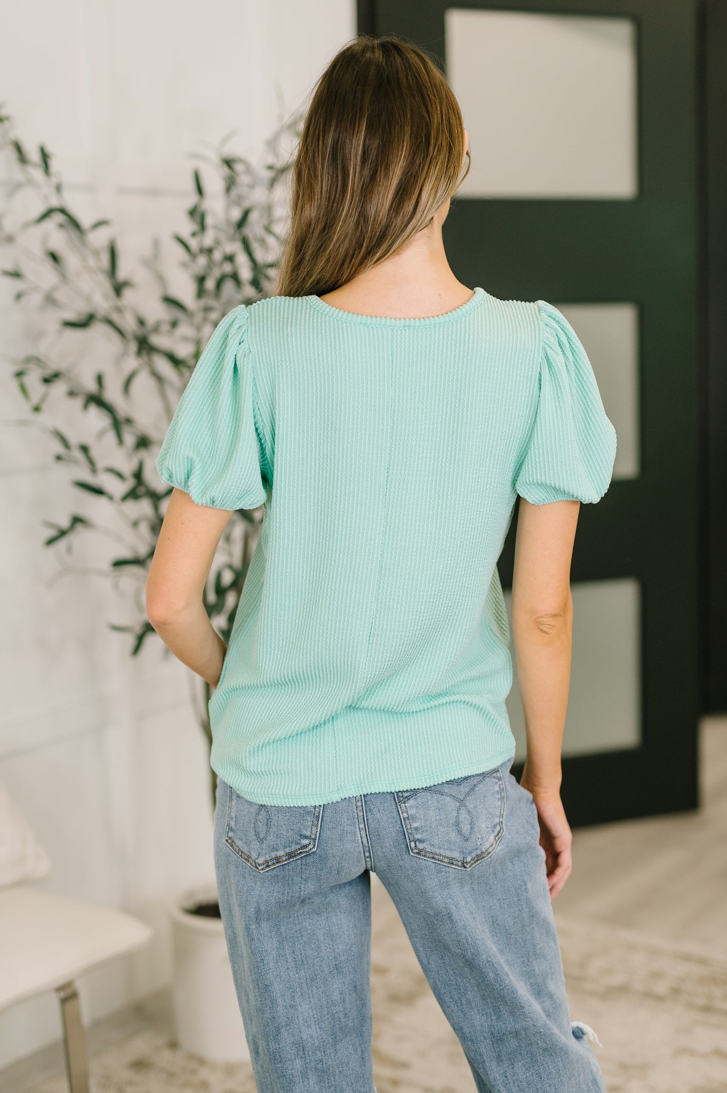 Grace & Virtue Balloon Sleeve Blouse in Aqua