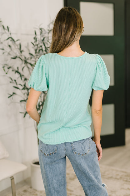 Grace & Virtue Balloon Sleeve Blouse in Aqua