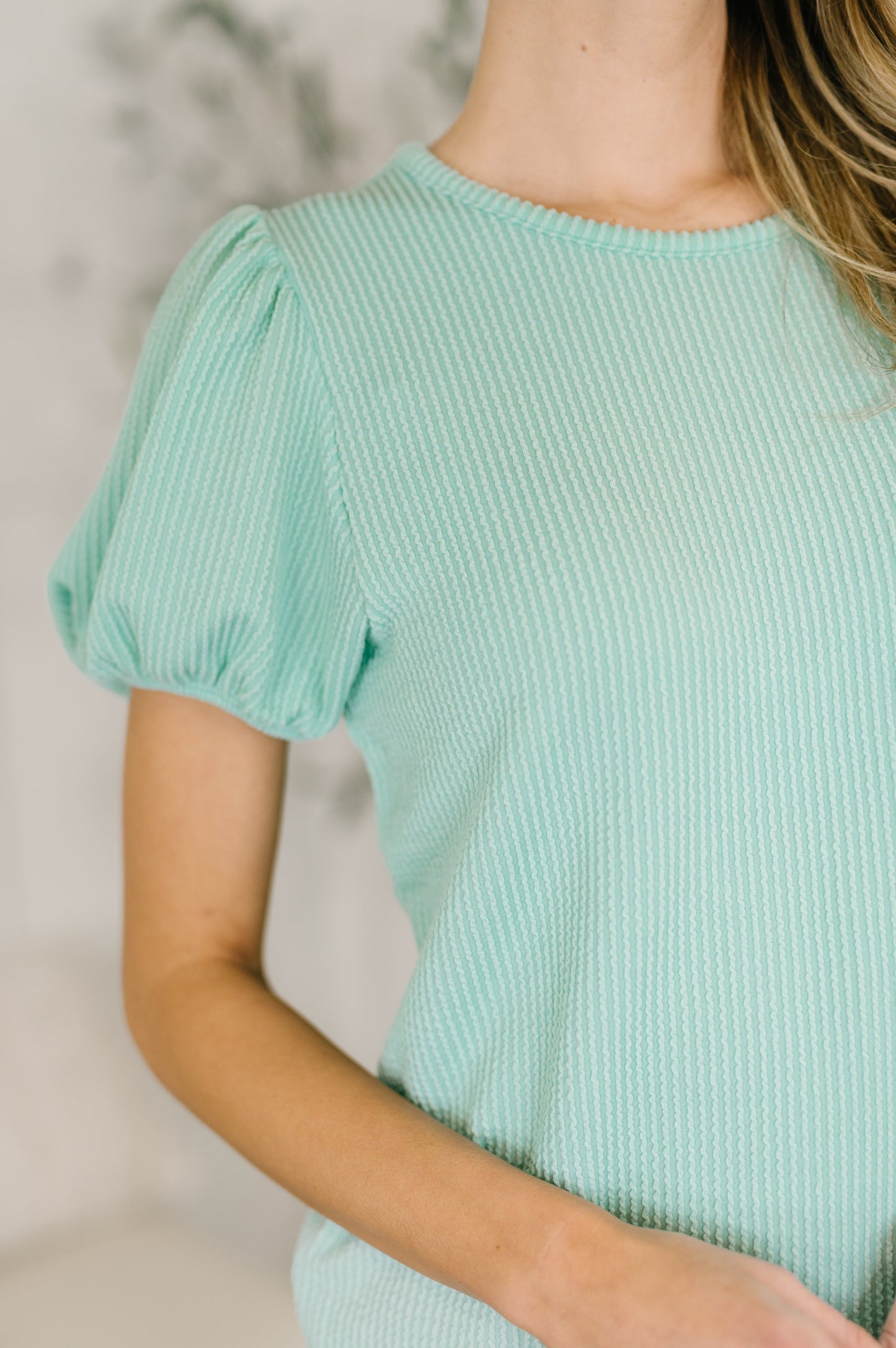 Grace & Virtue Balloon Sleeve Blouse in Aqua