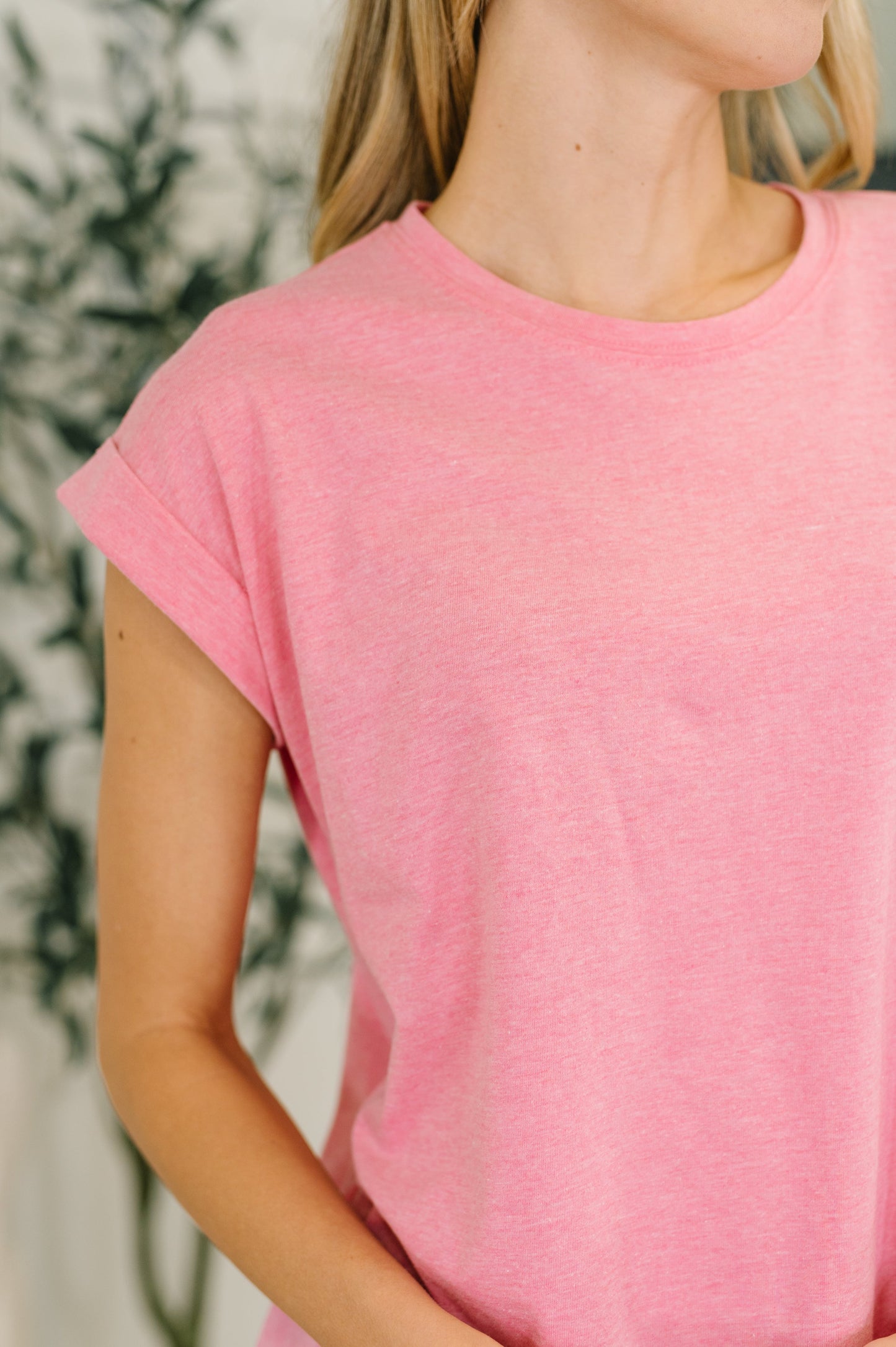 It Starts Here Basic Rolled Sleeve Tee in H Fuchsia