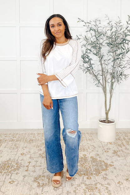 Preoccupied Striped Sleeve Top in Tan