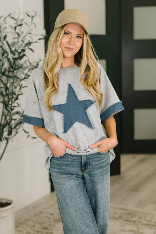 Star Stud Distressed Applique Top