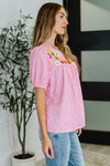 Wander Bloom Embroidered Puff Sleeve Blouse in Pink