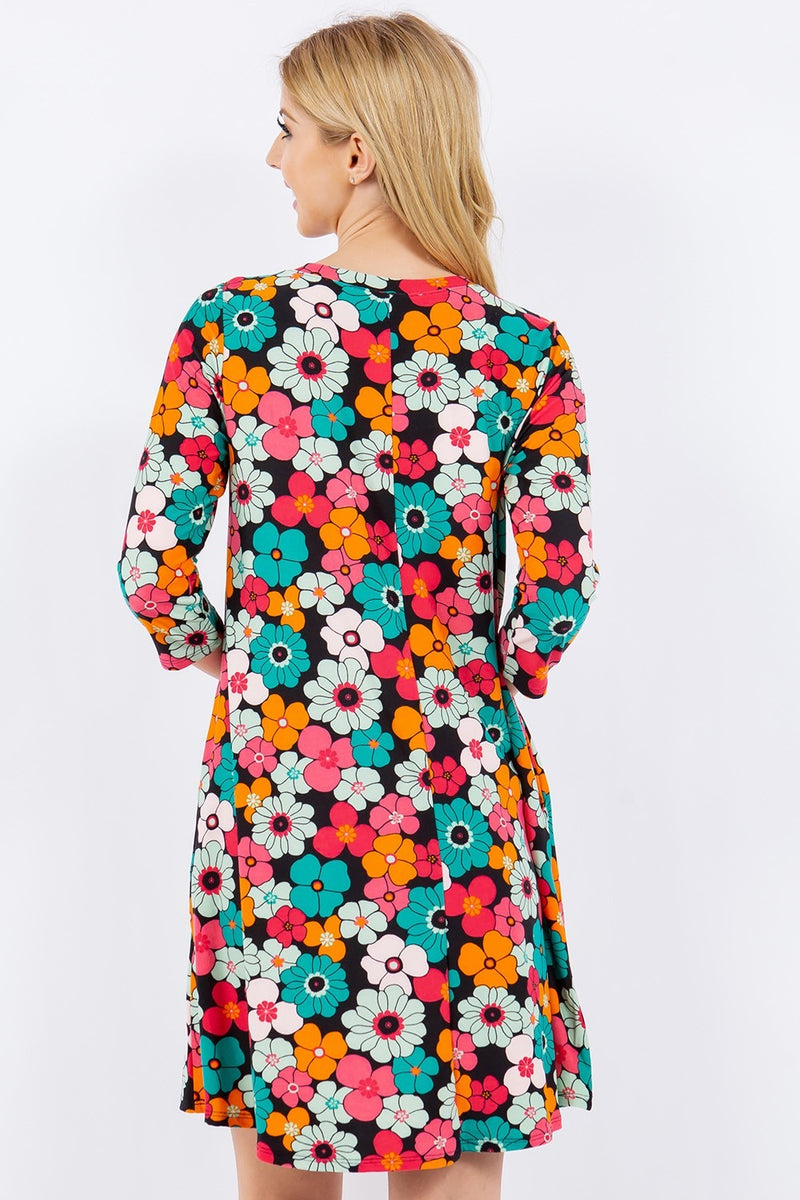 Celeste Full Size Floral Three-Quarter Sleeve Dress with Pockets