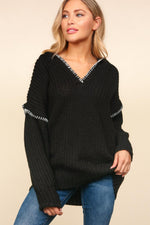 Notched Neck Long Sleeve Hooded Pullover