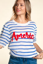 Haptics Letter Embroidery Striped Knit Top