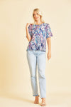 Short Sleeve Yellow Lilly Floral Scoop Neck Top in Navy/Purple