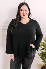 V Neck Fit & Flare Sweater Knit Top In Black