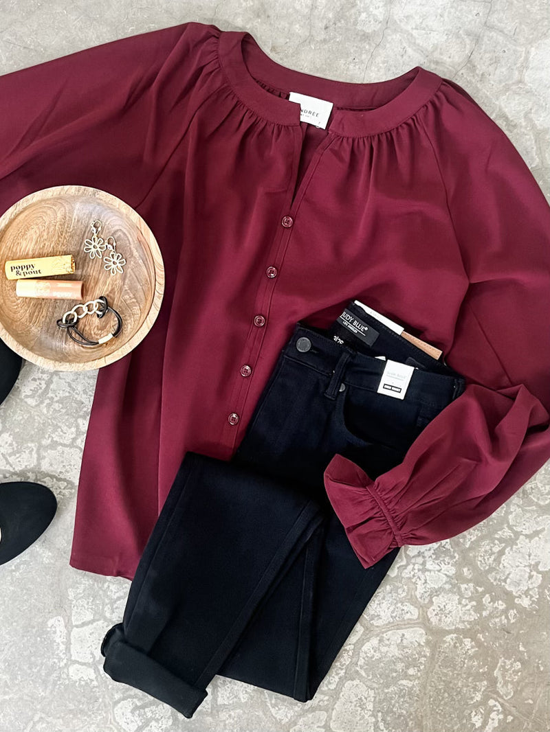Decorative Button Front Blouse In Cranberry