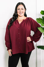 Decorative Button Front Blouse In Cranberry